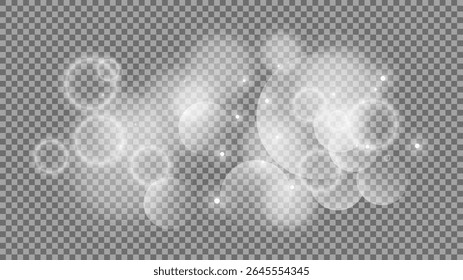 Círculos de Bokeh sobre fondo transparente. Polvo blanco brillante, destellos y luces bokeh. Ilustración vectorial