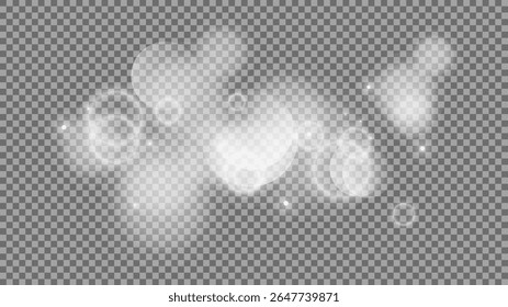 Bokeh circles on transparent background. White shining dust, flare sparkles and bokeh lights. Vector illustration