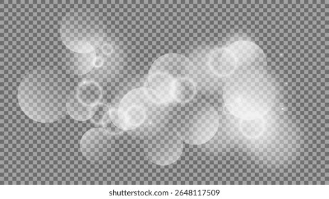 Bokeh circles on transparent background. White shining dust, flare sparkles and bokeh lights. Vector illustration