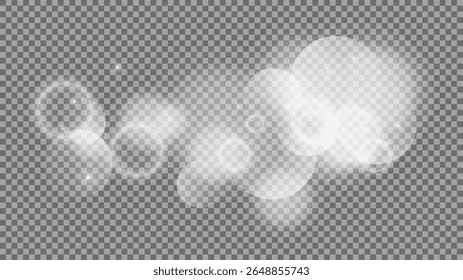 Bokeh circles on transparent background. White shining dust, flare sparkles and bokeh lights. Vector illustration