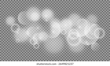 Bokeh circles on transparent background. White shining dust, flare sparkles and bokeh lights. Vector illustration