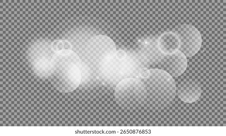Bokeh circles on transparent background. White shining dust, flare sparkles and bokeh lights. Vector illustration