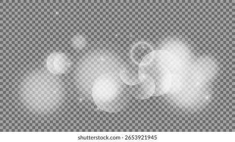 Bokeh circles on transparent background. White shining dust, flare sparkles and bokeh lights. Vector illustration