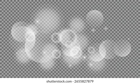 Bokeh circles on transparent background. White shining dust, flare sparkles and bokeh lights. Vector illustration