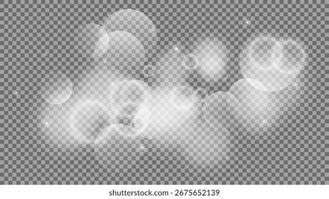 Bokeh circles on transparent background. White shining dust, flare sparkles and bokeh lights. Vector illustration