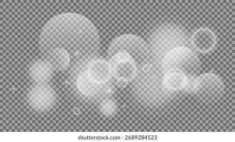 Bokeh circles on transparent background. White shining dust, flare sparkles and bokeh lights. Vector illustration