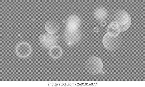 Bokeh circles on transparent background. White shining dust, flare sparkles and bokeh lights. Vector illustration