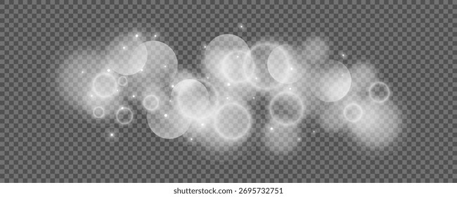 Bokeh círculos no fundo transparente. Poeira brilhante branca, faíscas e luzes bokeh. Ilustração vetorial