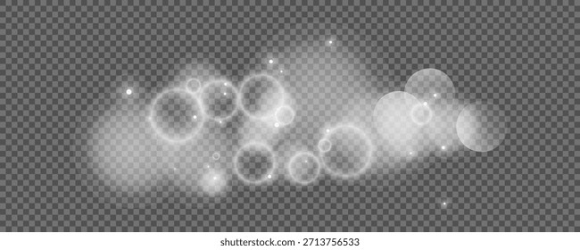 Círculos de Bokeh sobre fondo transparente. Polvo blanco brillante, destellos y luces bokeh. Ilustración vectorial