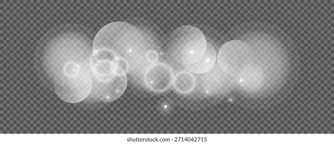 Círculos de Bokeh sobre fondo transparente. Polvo blanco brillante, destellos y luces bokeh. Ilustración vectorial