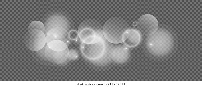 Círculos de Bokeh sobre fondo transparente. Polvo blanco brillante, destellos y luces bokeh. Ilustración vectorial
