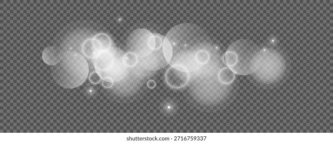 Círculos de Bokeh sobre fondo transparente. Polvo blanco brillante, destellos y luces bokeh. Ilustración vectorial