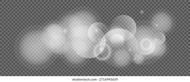 Círculos de Bokeh sobre fondo transparente. Polvo blanco brillante, destellos y luces bokeh. Ilustración vectorial
