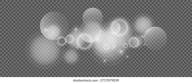Círculos de Bokeh sobre fondo transparente. Polvo blanco brillante, destellos y luces bokeh. Ilustración vectorial