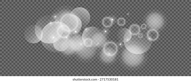 Círculos de Bokeh sobre fondo transparente. Polvo blanco brillante, destellos y luces bokeh. Ilustración vectorial