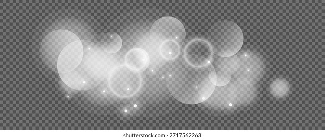 Círculos de Bokeh sobre fondo transparente. Polvo blanco brillante, destellos y luces bokeh. Ilustración vectorial