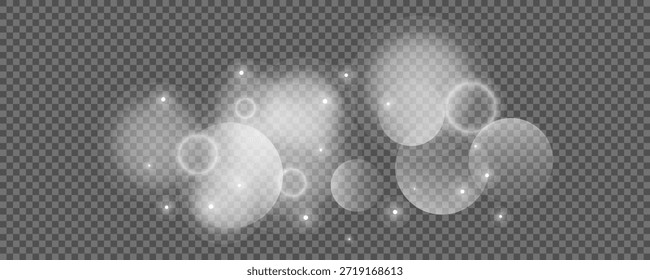 Círculos de Bokeh sobre fondo transparente. Polvo blanco brillante, destellos y luces bokeh. Ilustración vectorial