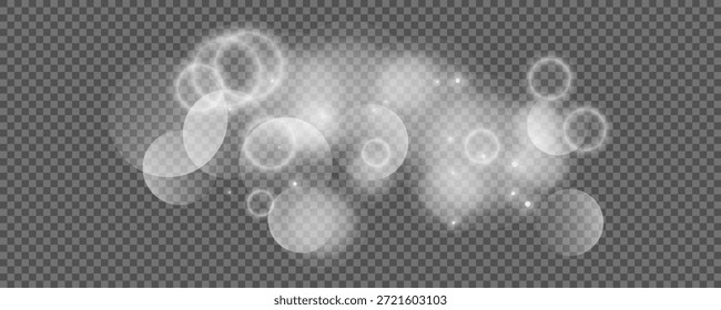 Círculos de Bokeh sobre fondo transparente. Polvo blanco brillante, destellos y luces bokeh. Ilustración vectorial