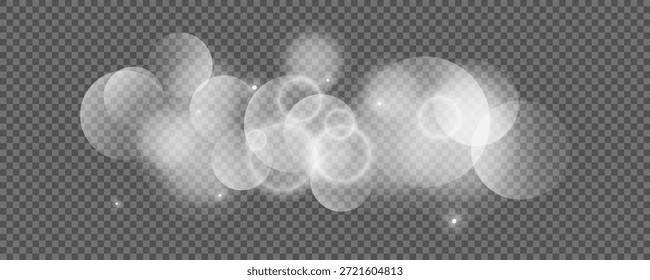 Círculos de Bokeh sobre fondo transparente. Polvo blanco brillante, destellos y luces bokeh. Ilustración vectorial