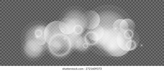 Círculos de Bokeh sobre fondo transparente. Polvo blanco brillante, destellos y luces bokeh. Ilustración vectorial