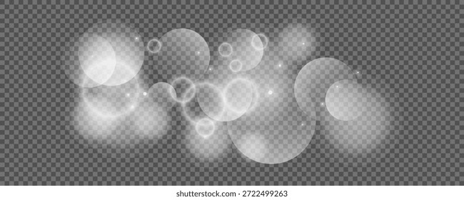 Círculos de Bokeh sobre fondo transparente. Polvo blanco brillante, destellos y luces bokeh. Ilustración vectorial