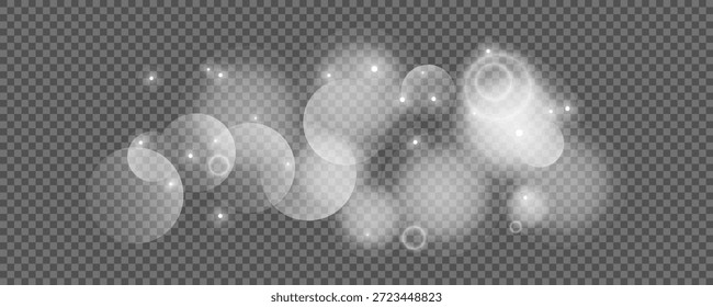Círculos de Bokeh sobre fondo transparente. Polvo blanco brillante, destellos y luces bokeh. Ilustración vectorial