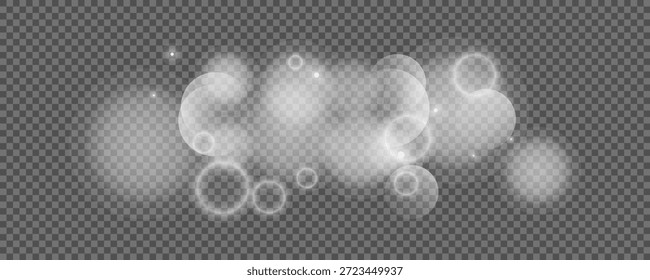 Bokeh-Kreise auf transparentem Hintergrund. Weiß leuchtender Staub, funkelnde Flammen und Bokeh-Lichter. Vektorgrafik