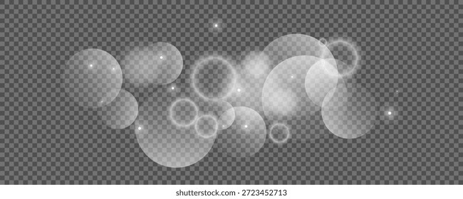 Círculos de Bokeh sobre fondo transparente. Polvo blanco brillante, destellos y luces bokeh. Ilustración vectorial