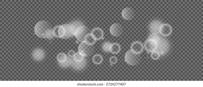 Círculos de Bokeh sobre fondo transparente. Polvo blanco brillante, destellos y luces bokeh. Ilustración vectorial
