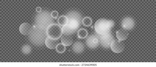 Círculos de Bokeh sobre fondo transparente. Polvo blanco brillante, destellos y luces bokeh. Ilustración vectorial
