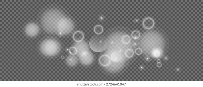 Círculos de Bokeh sobre fondo transparente. Polvo blanco brillante, destellos y luces bokeh. Ilustración vectorial
