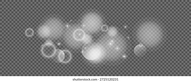 Círculos de Bokeh sobre fondo transparente. Polvo blanco brillante, destellos y luces bokeh. Ilustración vectorial