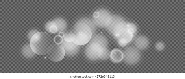 Círculos de Bokeh sobre fondo transparente. Polvo blanco brillante, destellos y luces bokeh. Ilustración vectorial