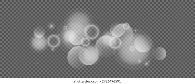 Círculos de Bokeh sobre fondo transparente. Polvo blanco brillante, destellos y luces bokeh. Ilustración vectorial