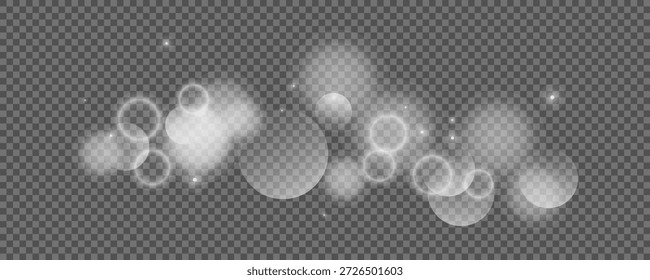 Círculos de Bokeh sobre fondo transparente. Polvo blanco brillante, destellos y luces bokeh. Ilustración vectorial