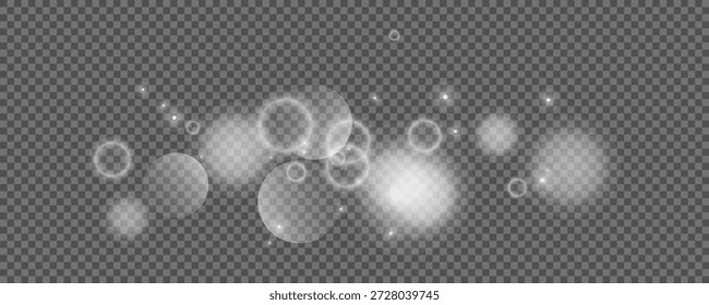 Círculos de Bokeh sobre fondo transparente. Polvo blanco brillante, destellos y luces bokeh. Ilustración vectorial