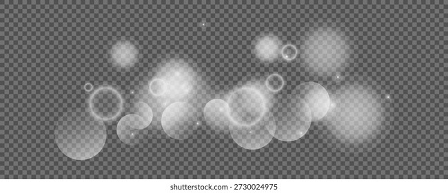 Círculos de Bokeh sobre fondo transparente. Polvo blanco brillante, destellos y luces bokeh. Ilustración vectorial