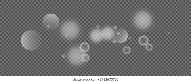 Círculos de Bokeh sobre fondo transparente. Polvo blanco brillante, destellos y luces bokeh. Ilustración vectorial