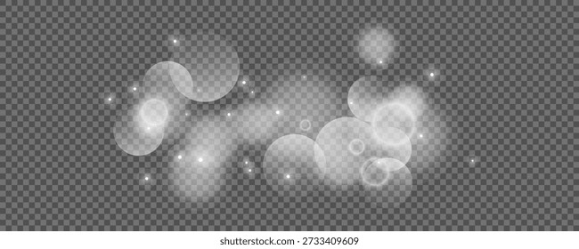 Bokeh circles on transparent background. White shining dust, flare sparkles and bokeh lights. Vector illustration