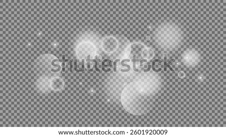 Bokeh circles on transparent background. White shining dust, flare sparkles and bokeh lights. Vector illustration
