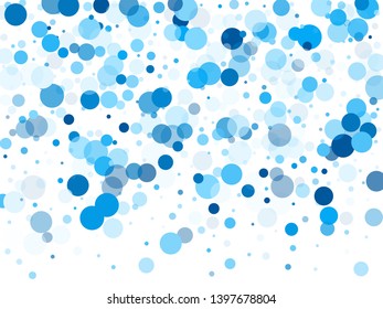 Bokeh circles vector background pattern. Birthday graphics. Abstract snow, blue cyan snowflakes flying. Circle shapes bokeh illustration. Surprise party celebration elements.