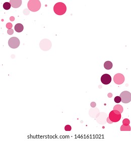 Bokeh circles vector background pattern. Christmas design. Pink magenta round elements scatter flying. Circle shapes bokeh illustration. Vibrant colorful round shapes falling on white.