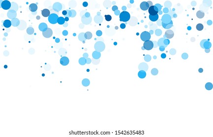 Bokeh circles vector background pattern. Greeting or invitation card backgound. Abstract snow, blue cyan snowflakes flying. Circle shapes bokeh illustration. Carnival decoration.