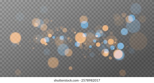 Bokeh composition of shimmering ethereal blue and gold lights on transparent background , festive mood for creative projects , vector graphics .