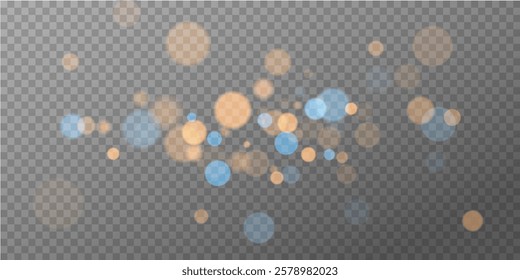 Bokeh composition of shimmering ethereal blue and gold lights on transparent background , festive mood for creative projects , vector graphics .