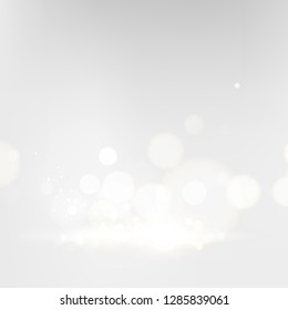 Bokeh of dust on white background. Abstract blur light effect. Falling confetti for carnival celebration. Glitter, light sparkle and shimmer confetti over gray backdrop. Vector illustration.