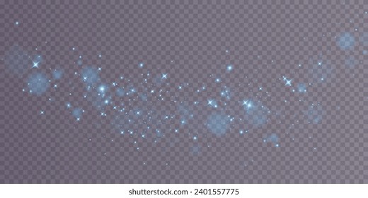 Bokeh, dust sparks and blue stars glow with special light. Vector sparks on transparent background. Christmas light effect. Sparkling magic dust particles.