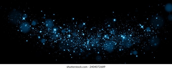 Bokeh, dust sparks and blue stars shine with special light. Vector sparks on black background. Christmas light effect. Sparkling magic dust particles.