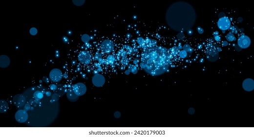 Bokeh, dust sparks and blue stars shine with special light. Vector sparks on black background. Christmas light effect. Sparkling magic dust particles.	