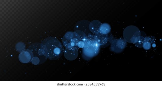 Bokeh, dust sparks and blue stars shine with special light. Vector sparks on black background. Christmas light effect. Sparkling magic dust particles.
